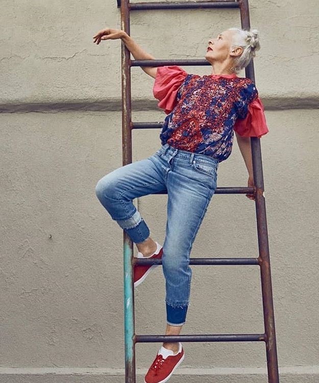Sara Jane Adams on the ladder | 12 Over-50 Women With Ridiculously Good Style | Her Beauty