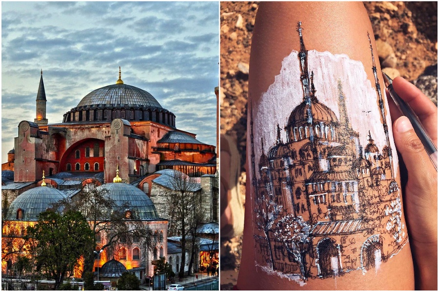 Hagia Sophia in Istanbul | Artist Uses Her Body As A Canvas For Architecture Sketches | Her Beauty